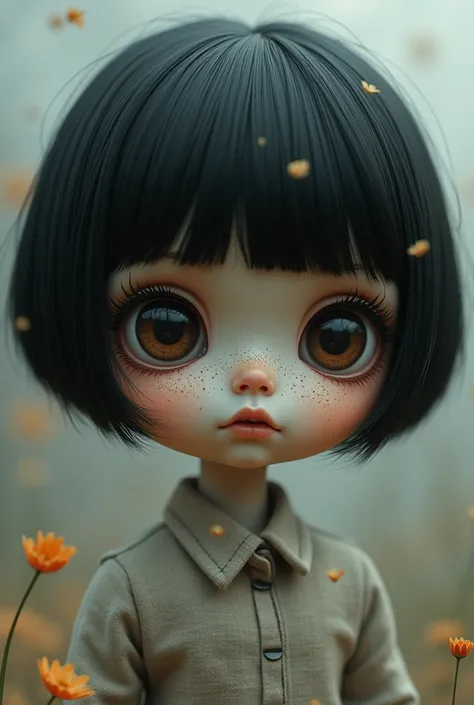 A doll with short black hair, dark skin and freckles, Very large head and eyes 