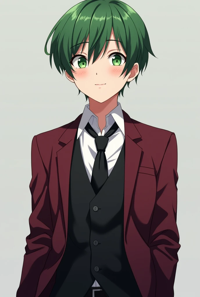 More mature anime style image. A gray background image. Teenager with short green hair and eyes the same color. He is a friendly person, with a cheerful and captivating smile. He wore a white dress blouse with a loose tie, a black vest under a dark red bla...