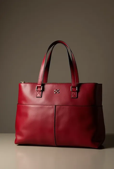 Luxury red leather bag, with a small seal of two swords in the shape of "X". Written caption "Walnut Fashions"