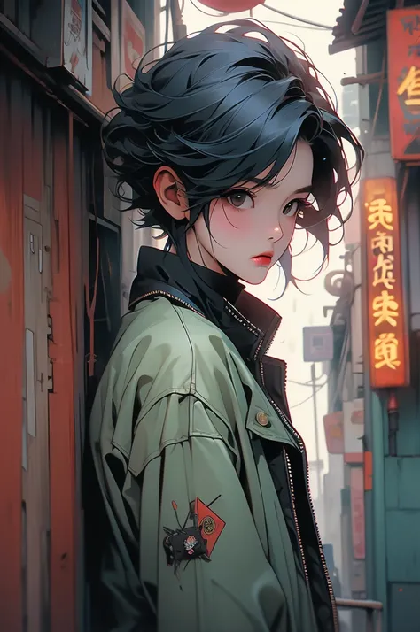 1girl, Chinese, punk,cyberpunk, rain city, china town, leather jacket, multi color hair, leaning against a wall