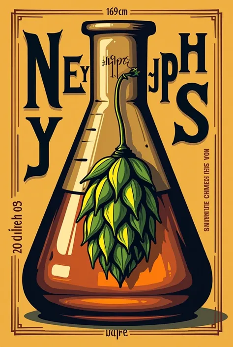 Label for a bottle of beer, Let&#39;s call it Neyjhops, that is inspired by a chemical flask, and that also has a hop. 