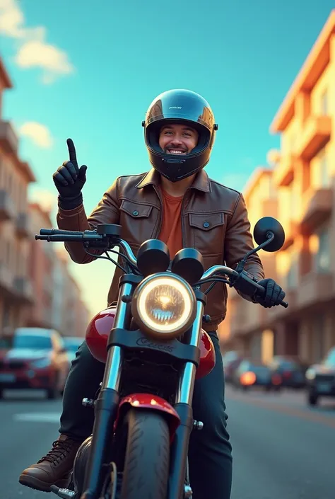 horizontal image of a motorcyclist leaning against a parked motorcycle, wearing a helmet with an open visor, where you can see your face with a happy expression, he is in front, and pointing his index finger at his head. in the background there is a street...