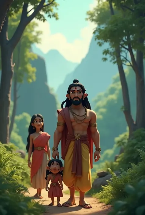 In cenamatic 3d cartoon style "Depict Lord Ram, Sita, and Lakshman setting off into the forest. They are dressed in simple clothing, with a backdrop of dense forest and mountains. The mood is solemn yet determined."