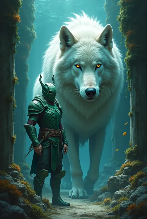 I want a picture of a wolf&#39;s face with white hair ,warrior with water green scales under the sea and around there are some pillars 


