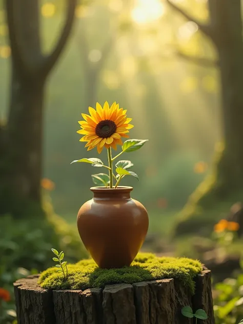 A whimsical miniature figure of a sunflower, delicately arranged, dances grandly on the edge of a worn, moss-covered terra cotta vase. It is set against a backdrop of vibrant, lush forest, where sunlight filtering through the canopy above casts intricate s...