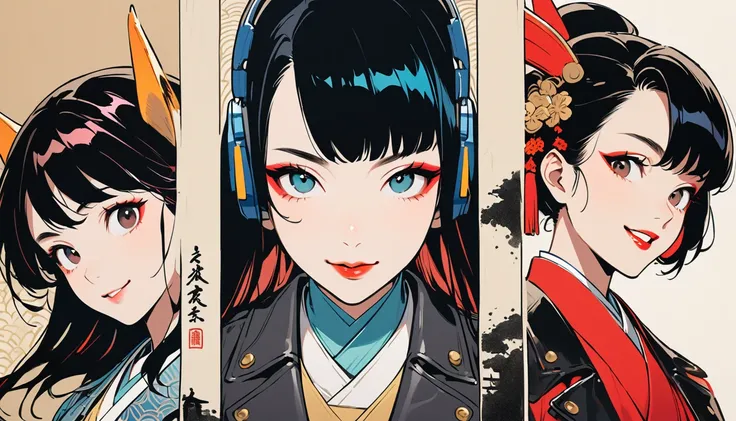 (((Ink Painting))), (((from above))), (((trio))), (((Leather jacket with Japanese patterns))), (((Fearless smile))), (((Very flashy makeup))), Japanese style headphones, face close-up, front view, Japan人の美少女, Black Hair, Delicate and precise, Modern ukiyo-...