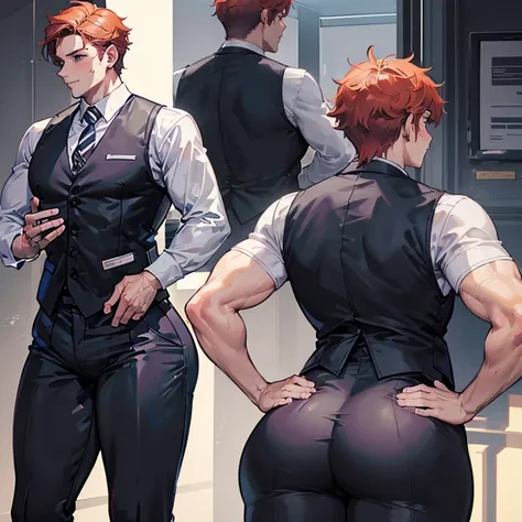 One Man, muscular, jocks, athletic, ginger, wearing suit vest clothes, big butt, huge ass, comically massive ass, bubblebutt, thick, thicc, thick ass, thick legs, thick thighs, huge butt cheeks, ass huge, showing butt to camera, smiling, looking back at ca...