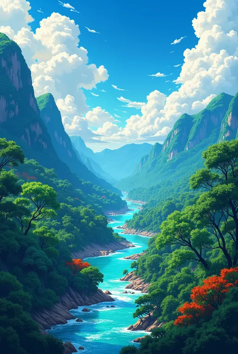 A vibrant anime-style poster featuring a dynamic background composed of bright, lively tones that blend harmoniously into a colorful depiction of Venezuelan landscapes. The background showcases the lush greenery of Venezuelan forests, the majestic mountain...