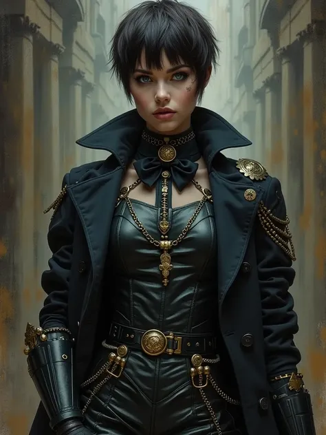 full body shot of one Beautiful woman. dark brown hair, pixie haircut. blue eyes. daring outfit. goth tomboy. maidenly charm.  butler sirt and bowtie under Knightly cyber armor. golden accessories. Napoleonic trenchcoat. Dark sci-fi. Warhammer 40k. Dieselp...