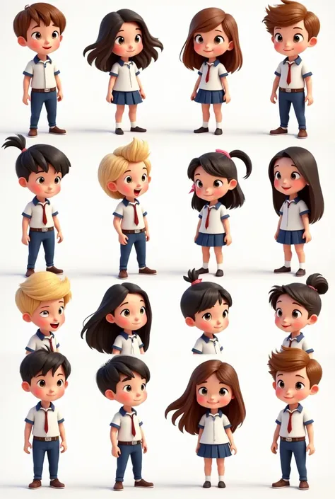 Photos of 20 boys and 20 girls of approximately , animated separately, each with different characteristics, wearing a school uniform with a white shirt and blue pants where only half of their body can be seen from the front. 