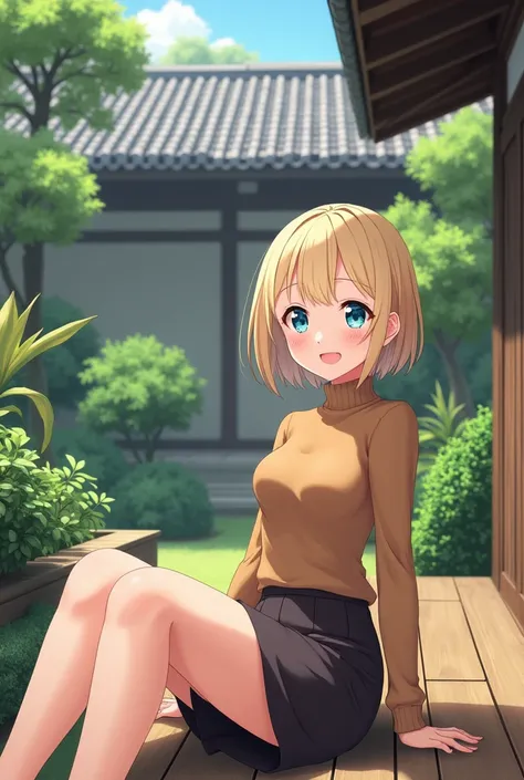 (photorealism:1.2), Anime woman, light blonde, wearing brown turtleneck sweater, wearing pencil skirt, short hairstyle, smiling, blue eyes, grown woman, full body, sitting on the porch, japanese style home, plants in the garden