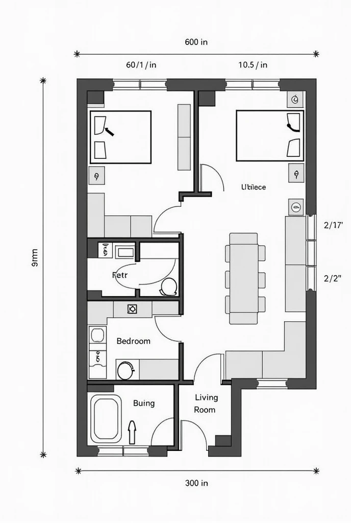 Generate a plan with measurements in meters of a 50m2 3-bedroom apartment.
2 bathrooms Living room and kitchen.