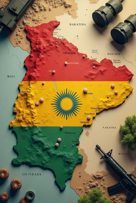 The map of Bolivia with red, yellow and green colors with weapons around and that the map is with its real limitations 