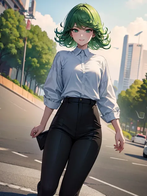 (high res, 8K, masterpiece, looking at viewer, best quality, very aesthetic, ultra detailed, ultra background, ultra Eyes) intricate details, 1girl, Tatsumaki, Wear white long sleeved shirt, long black pants, black loafers, green short hair, green eyes, Sm...