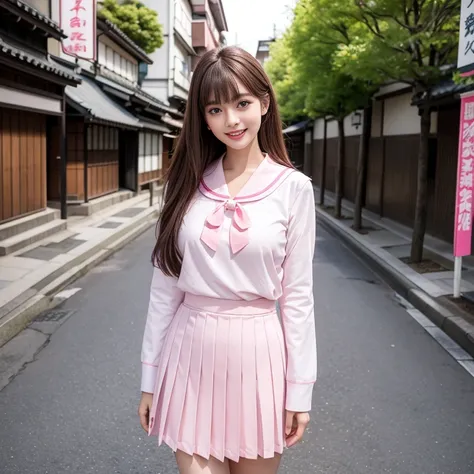 laughing out loud，pink collar, Wear student sailor uniform, 水手服是白色底pink collar，pink collar子，Pink pleated skirt，Pink navy collar，White sailor suit，(knee shot), 1 girl, On the face, light brown hair, blunt bangs, hair behind ears, Hair over the shoulders, lo...