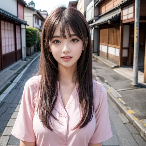 laughing out loud，pink collar, Wear student sailor uniform, 水手服是白色底pink collar，pink collar子，Pink pleated skirt，Pink navy collar，White sailor suit，(knee shot), 1 girl, On the face, light brown hair, blunt bangs, hair behind ears, Hair over the shoulders, lo...