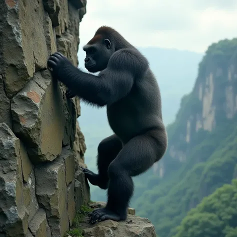 Gorilla climbing a cliff、Long-distance camera、Shot from behind