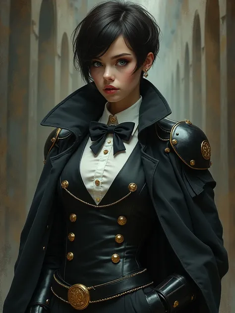 full body shot of one Beautiful woman. dark brown hair, pixie haircut. blue eyes. daring outfit. goth tomboy. maidenly charm.  butler sirt and bowtie under Knightly cyber armor. golden accessories. Napoleonic trenchcoat. Dark sci-fi. Warhammer 40k. Dieselp...