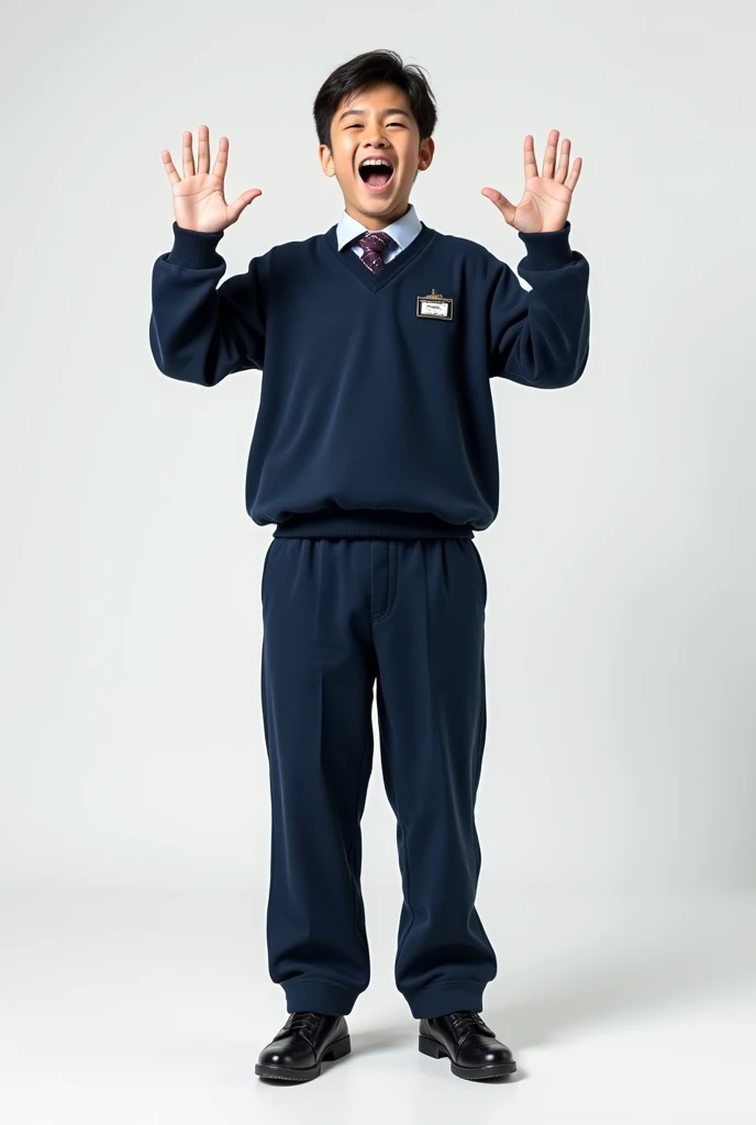 Young uniformed high school male, raising his hands up, a navy blue uniform pants, bigger than the