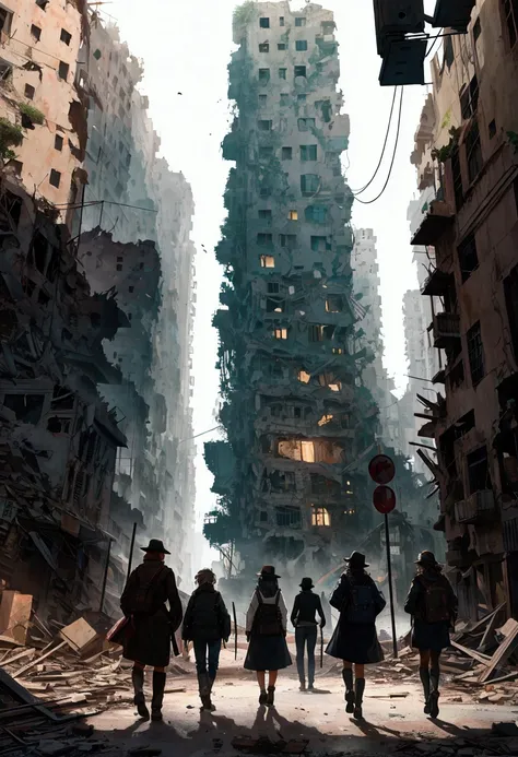 City in ruins and a group of people entering it 