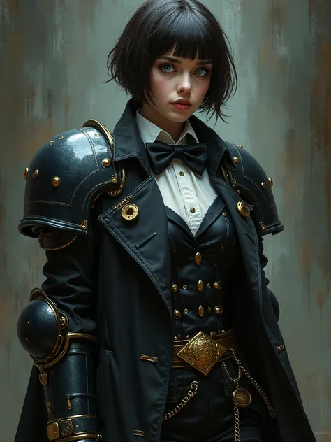 full body shot of one Beautiful woman. dark brown hair, pixie haircut. blue eyes. daring outfit. goth tomboy. maidenly charm.  butler sirt and bowtie under Knightly cyber armor. golden accessories. Napoleonic trenchcoat. Dark sci-fi. Warhammer 40k. Dieselp...