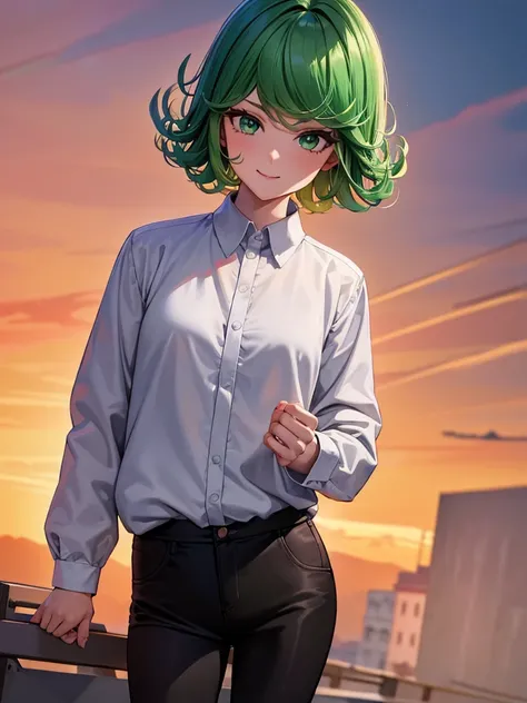 (high res, 8K, masterpiece, looking at viewer, best quality, very aesthetic, ultra detailed, ultra background, ultra Eyes) intricate details, 1girl, Tatsumaki, Wear white long sleeved shirt, long black pants, black loafers, green short hair, green eyes, Sm...