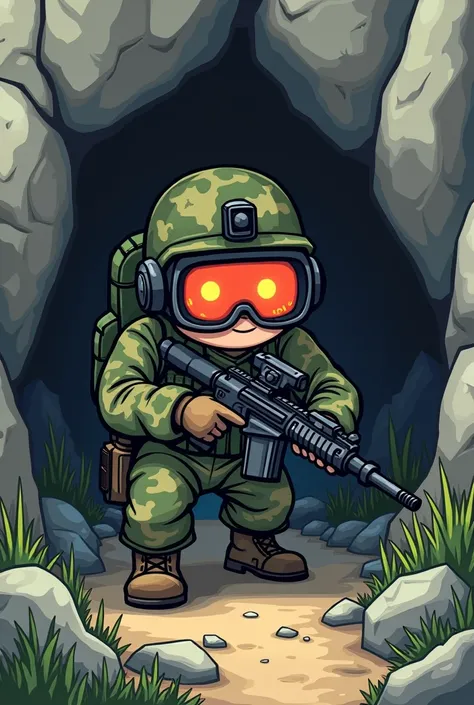 Army man spying on another country with thermal glasses while hiding under a rock cartoon