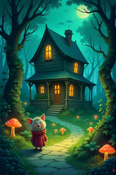 The cartoon character is in a green world, an old house, at night.