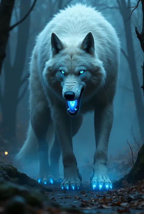 Werewolf，Off-white hair，A small amount of black pattern，The whites of the eyes are black，Iris Fluorescent Blue，The mouth, tongue and pads are all fluorescent blue，Tall and muscular