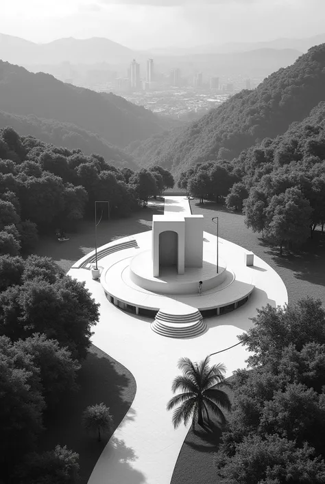 Inflection Memorial Park in Medellin, Colombia, make a black and white isometry
