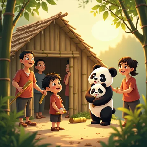 Villagers building a bamboo house**:
   - A group of friendly villagers, men and women of different ages, work together to build a small, cozy bamboo house in the village. The boy is standing nearby with the baby panda in his arms, both watching with excit...