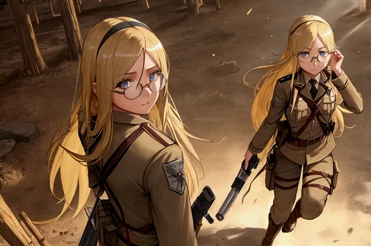 a blonde girl with long hair and round glasses, wearing the scout regiment uniform from attack on titan, full body view, facing ...