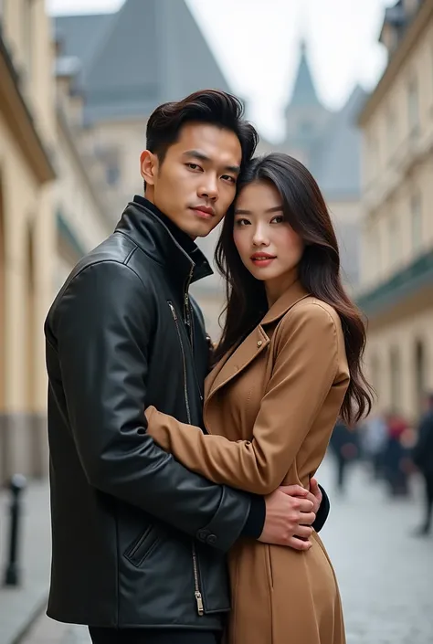 Photography of a 25 year old Asian guy wearing a cool jacket, trousers and shoes, being embraced by a beautiful 20 year old Asian woman posing looking forward with a romantic European icon background.