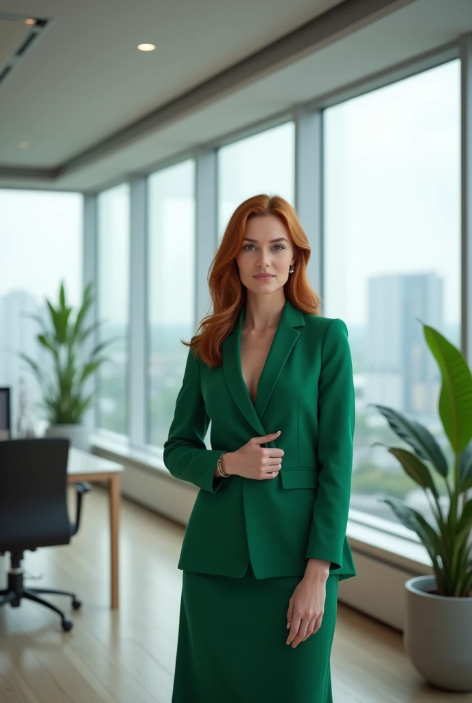 Woman wearing green clothes in office