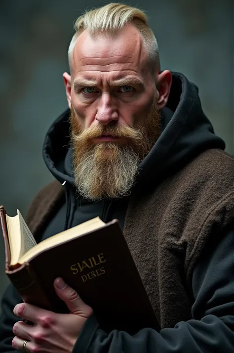 a strong man, blond, bald and bearded with a mysterious Viking style, hooded man holding a Bible