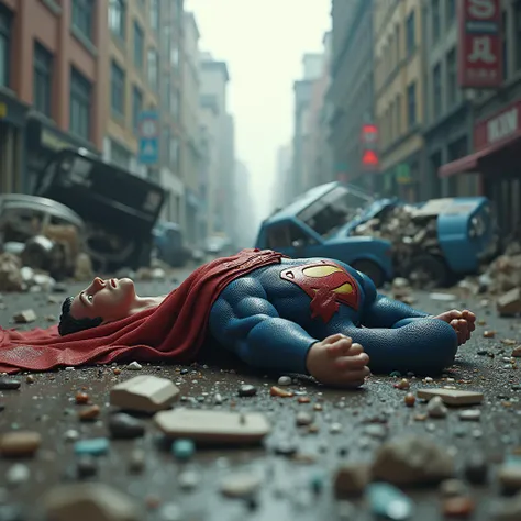 Create an image of a superhero, resembling Superman, lying on the ground in a defeated pose amidst a scene of urban destruction with overturned and damaged vehicles around.