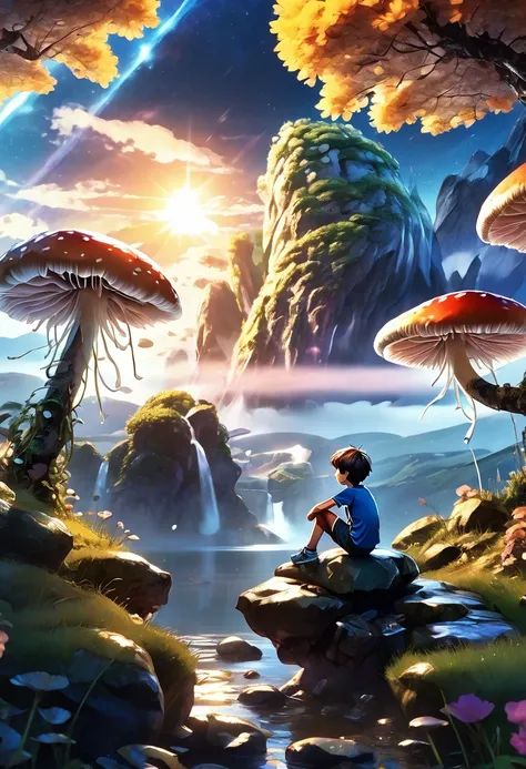 1boy, sitting on a rock, landscape view, abstract landscape, shining mushroom, shining flower, anime graphics, intricate, detailed, masterpiece, 8k