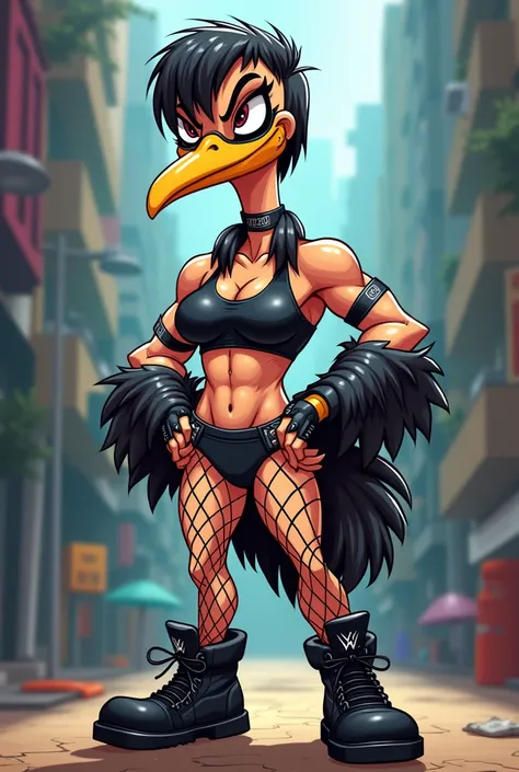 Female Cartoon ostrich dressed like WWE wrestler Rhea Ripley . Cartoon ostrich head. Cartoon ostrich face. Cartoon ostrich body. Cartoon ostrich arms. Cartoon ostrich hands. 

Short straight black hair . Muscular. Black underwear. Fishnet stockings. Black ...