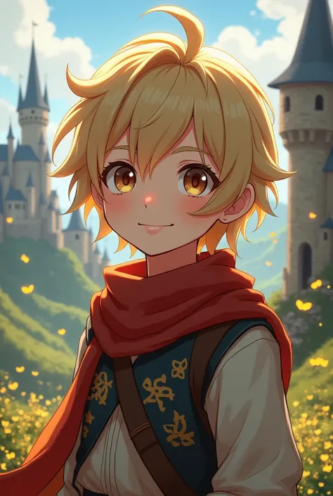 An anime-type boy with anime-type features: Brown eyes, semi wavy hair, half blond,
Let it be something like anime but from medieval times