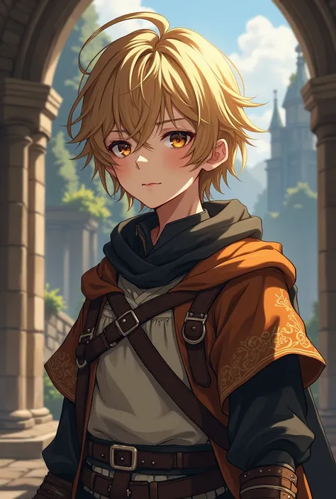 An anime-type boy with anime-type features: Brown eyes, semi wavy hair, half blond,
Let it be something like anime but from medieval times but with black hair and not so anime that it is like a dull and scary child.