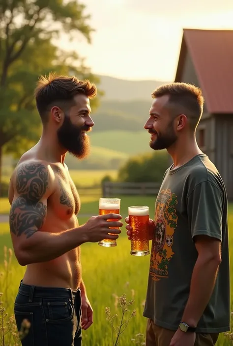 2 young men, one had a beard and the other was not younger, drinking beer, one without a t-shirt and the other with an arraya t-shirt together.In a farm