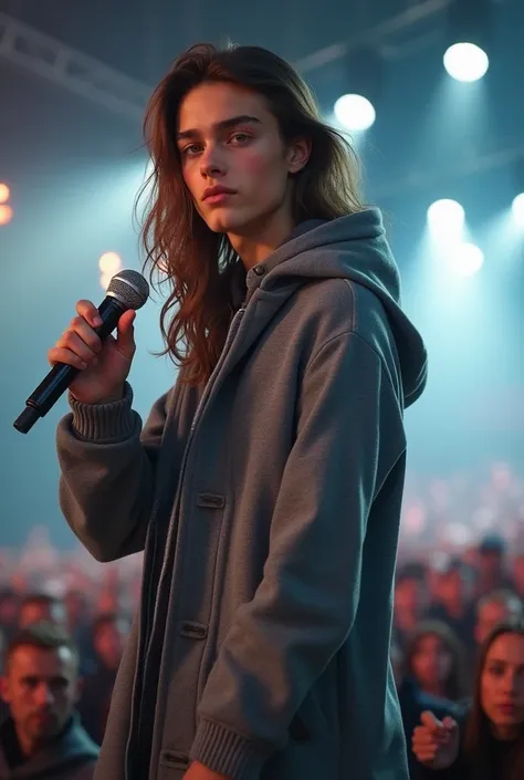 best quality handsome male teenager long brown hair light skin with gray hooded coat on head singing holding a microphone seen from far away at a concert with details details