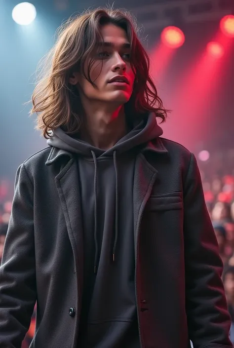 best quality handsome male teenager long brown hair light skin with gray hooded coat on head singing holding a microphone seen from far away at a concert with details details