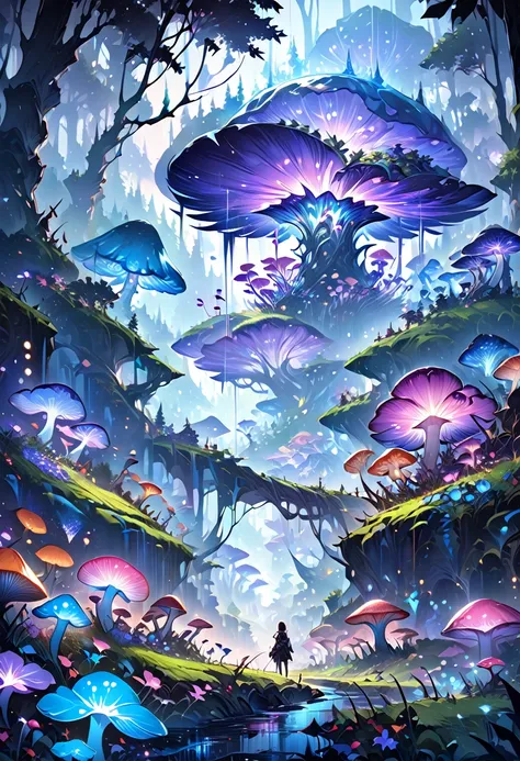 landscape view, abstract landscape, shining mushroom, shining flower, anime graphics, forest, intricate, detailed, masterpiece, ...