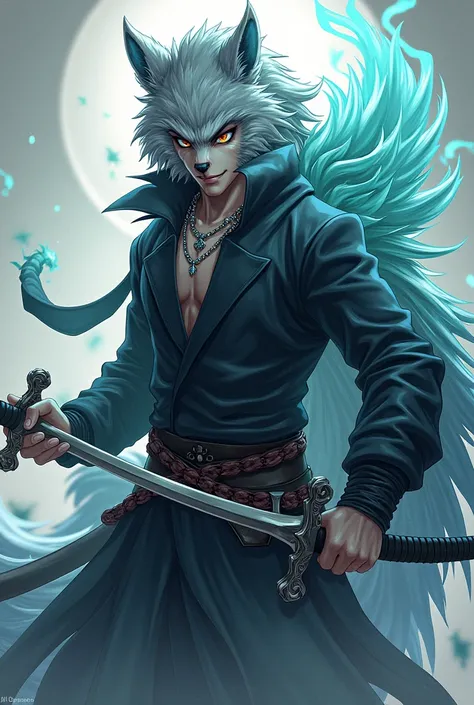 Create a character inspired by Kimetsu no Jaiba who is a demon hunter but has wolf characteristics such as breathing and attacking with double swords that is a man, that is human but has an aura of spiritual fox on his back