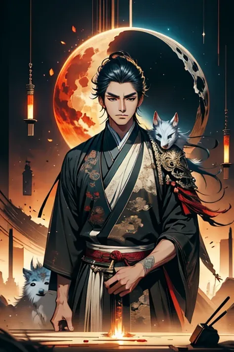 a guy ready to draw sword and with a wolf in front of full moon, samurai, concept art by yang j, fantasy art, alena aenami and a...