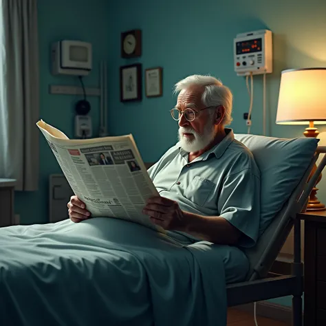 Grandpa reading newspaper in the hospital