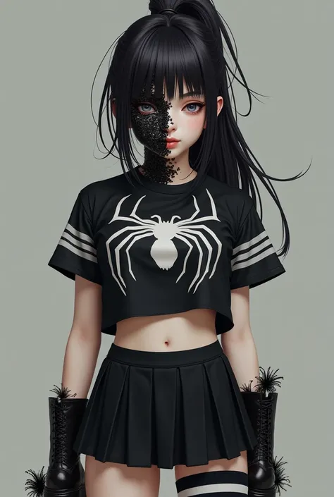  A girl with half her face in Venom makeup, with a ponytail in her black hair,  wearing a short-sleeved blouse with a Venom spider in the center ,  and with a black skirt like from the Olympics with two white stripes , The stockings are below the knee in b...