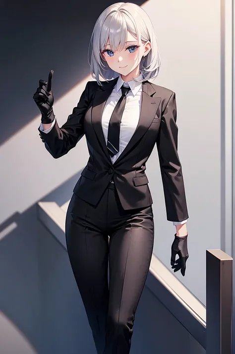 A woman in a black pantsuit　　White dress shirt　No tie　smile　Black gloves