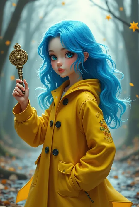 One with blue hair and a yellow raincoat with a button key in her hand